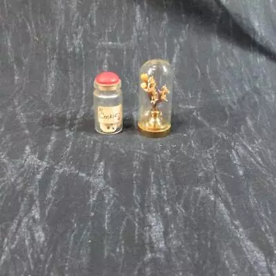 Pair Vintage Miniatures Dried Flowers Under Glass Dome Cookies In Glass Jar 2  • $17.99