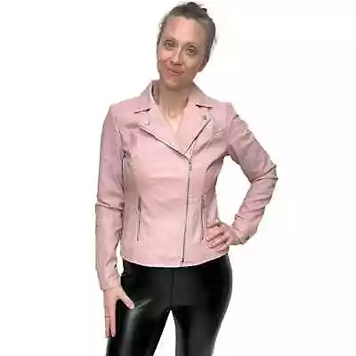 Baccini Vegan Leather Asymmetrical Zip Up Fitted Style Pink Moto Jacket Sz: S • $20