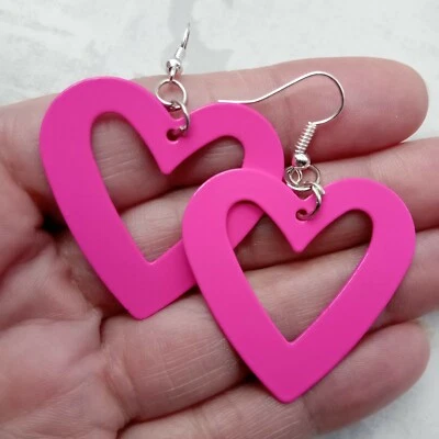 Big Heart Earrings Hot Pink 70s 80s Vintage Style Large Metal Hearts Funky Fun • £4.99