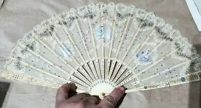 Victorian Antique ~ HAND FAN ~ MOP Sticks ~ HAND PAINTED Satin SILK? LACE • $399.99