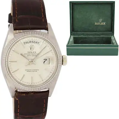 Rolex Day-Date President Pie Pan Silver Stick 36mm 1803 White Gold Leather Watch • $8092.13