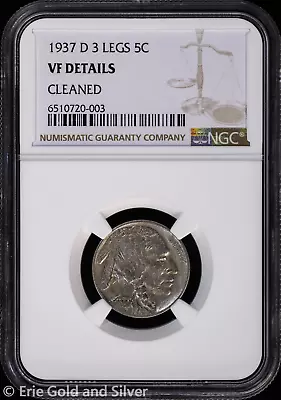 1937-D 5C Buffalo Nickel NGC VF Details | 3 Legs • $699.95