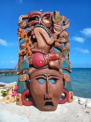 Handcrafted Mayan Wall Mask Yum Kax God Of Agriculture Wood Carving 16-inch • $224.99