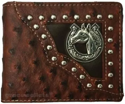 Horse Mens Wallet Texas Western Bifold W012-15 Ostrich Brown • $11.99