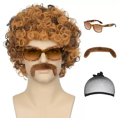 Glasses And Mustache Mens Short Brown Curly Disco Costume Wigs 70's 80s MB • $19.99