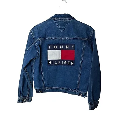 Vintage 90s Tommy Hilfiger Box Flag Logo Sewn Embroidered Patch Denim Jacket M • $139.99