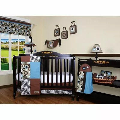 Blue Brown Geometric 12pc Crib Bedding Set Baby Boy Nursery Quilt Diaper Stacker • $80.90