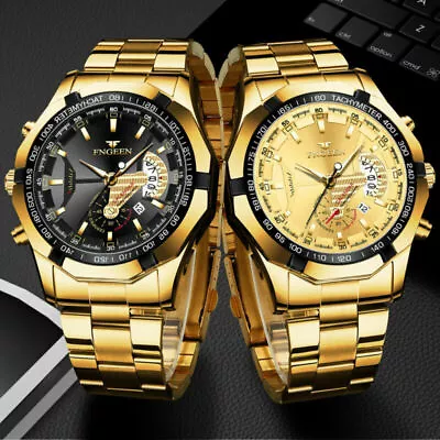 FNGEEN Waterproof Gold Men Watch Classic Stainless Steel Quartz Analog Business • £14.39