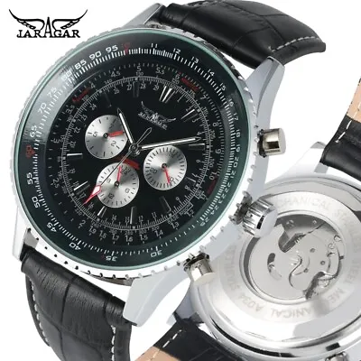 JARAGAR Men Militray Watch Auto Mechanical Wrist Watch For Mens Leather Strap • £26.39