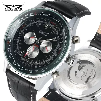 JARAGAR Men Militray Watch Auto Mechanical Wrist Watch For Mens Leather Strap • £24.80