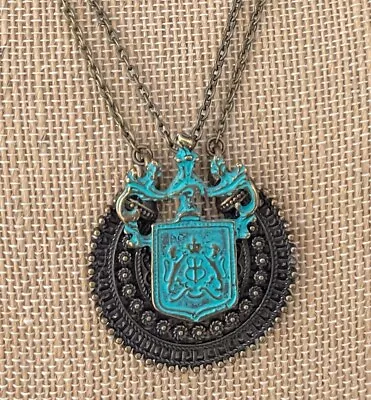 Coat Of Arms Necklace Green Patina & Bronze Filigree Heraldry Pendant • $23