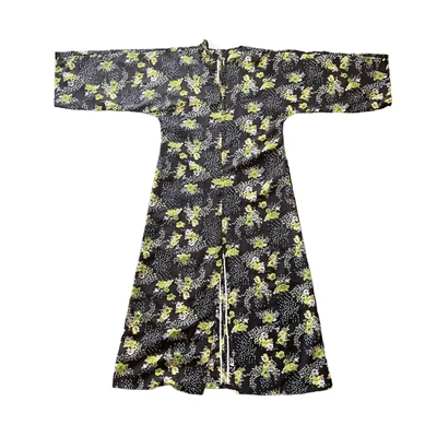 $25 • Buy Vintage 1970s Floral Hippie Wide Sleeve Handmade Maxi Dress Green White Black  L