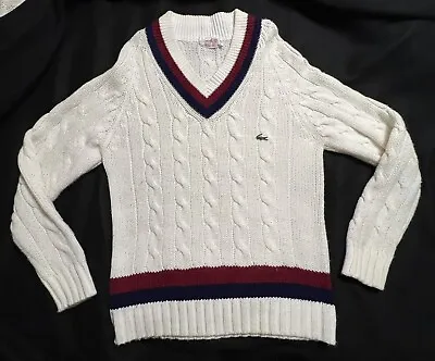 Vintage IZOD Lacoste V-Neck Sweater Chunky Cable Knit Tennis Cricket Sz L Preppy • $74.99