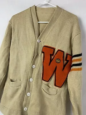 Vintage Cardigan Sweater Knit Varsity W Made USA Medium Wool 50s 60s • $79.99