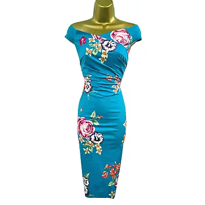 Karen Millen UK 14 (US10) Blue Floral Off Shoulder Amy Bardot Pencil Dress • £129.99