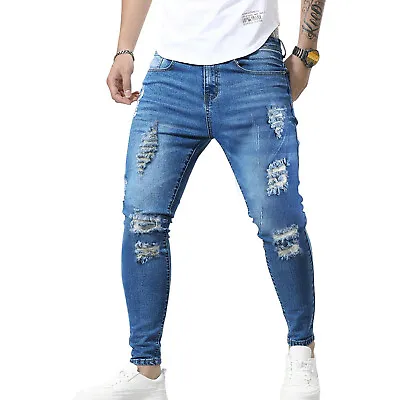 Mens Ripped Skinny Jeans Stretch Distressed Denim Pants Casual Slim Fit Trousers • $23.98