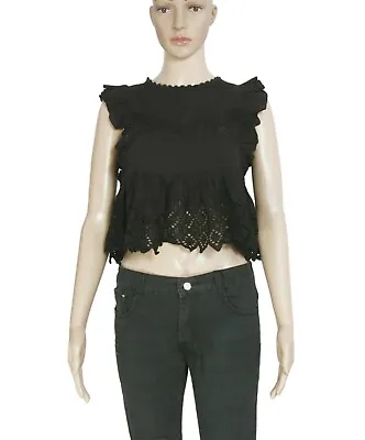 $20.93 • Buy Zara Eyelet Embroidered Lace Ruffle Black Cap Sleeve Blouse Top New XS Cotton 