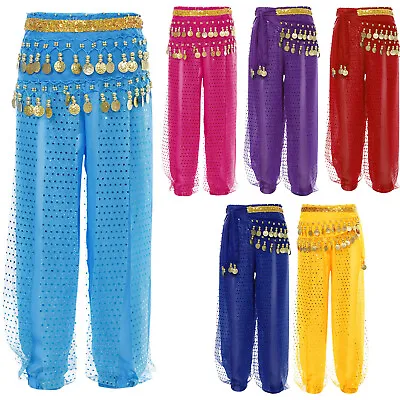 Kids Shiny Belly Dance Costume Harem Pants Tribal Arabic Trousers With Hip Scarf • £5.36