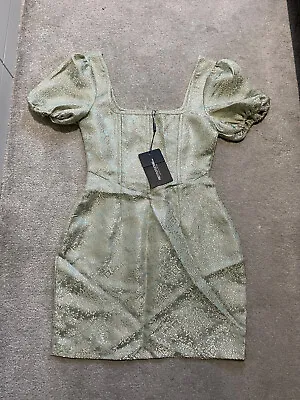 PLT Mint Jacquard Short Sleeve Gold Detail Square Neck Bodycon Dress Size 8 • £10