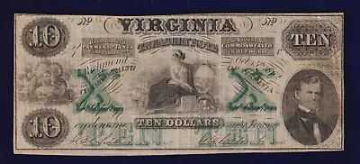 1862 $10 Virginia Treasury Note Obsolete Confederate VA Civil War Era Bill CR-8 • $52.25