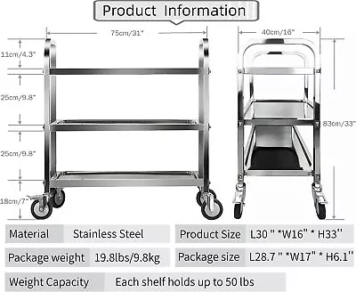 Marada 3Tier Stainless Steel Utility Cart With Locking Wheels Shelf Kitchen Cart • $79.99