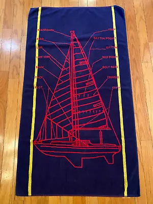Vintage KEL-TEX Schlosser BEACH TOWEL Sailing BOAT Parts DIAGRAM 80s 55x31 BLUE • $20