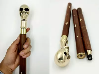 Brass Skull Cane Head Handle Wooden Walking Cane/Walking Stick Foldable Gifts • $36.07