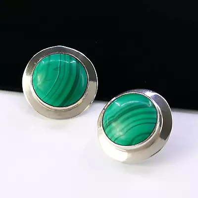 Vintage 925 Sterling Silver Green Malachite Round Pierced Earrings • $20