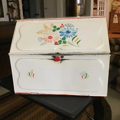 $80 • Buy Vintage Art Deco Bread Box Double Decker Tin Metal White Floral Bin Keeper