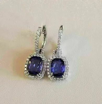 Natural Tanzanite 3Ct Cushion Halo Dangle Earrings 14K White Gold Silver Plated • $239.99