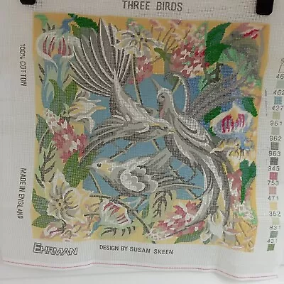 EHRMAN THREE BIRDS TAPESTRY NEEDLEPOINT KIT By SUSAN SKEEN.  Partially Started • £45