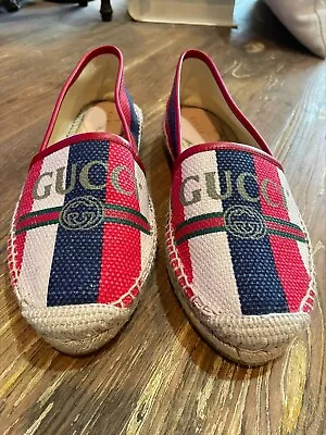 $299 • Buy Gucci Logo Web Espadrille Flats Loafers Shoes Size 38.5/8.5 US Red Blue