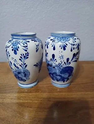 Set Of Two Delft Blue Vases 4 1/4  Tall Each Windmill And Floral Design • $20