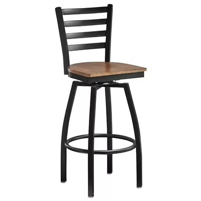 Black Ladder Back Swivel Metal Restaurant Barstool With Vintage Wood Seat • $156.95