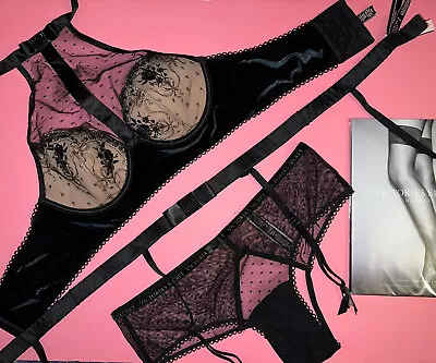 Victoria's Secret High-neck S 34B BRA SET+garter+M Panty BLACK Gold Embroidered • £115.69