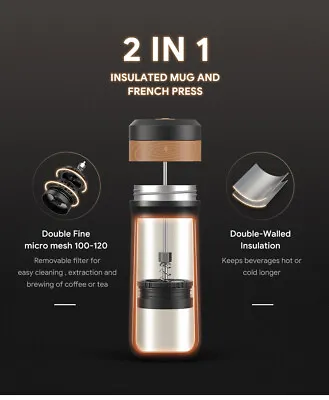 Travel French Press Coffee Maker Portable Tea Cafetiere Mug Stainless Steel Cup • £29.99
