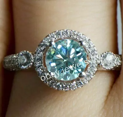 Round Cut Lab Created Blue Aquamarine Halo Engagement Ring 14K White Gold Plated • $152.32