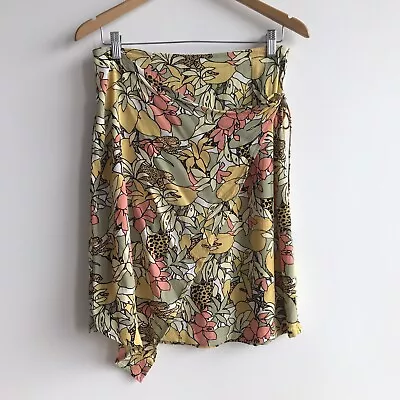 Zulu & Zephyr Tropical Floral Cheetah Tie Asymmetrical Wrap Skirt Size 10 Rayon • $24.90