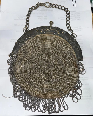 $14.99 • Buy Vintage 20's Clutch Purse Leather W/Steel Beads Evening Bag Well Worn Read Desc.