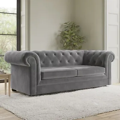 Grey Velvet Chesterfield Pull Out Sofa Bed - Seats 3 - Bronte SOF079 • £639.92
