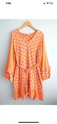 Cecilie Copenhagen Womens Liv Dress Size XL Orange Pink Belt Knee Length Tiered • $55