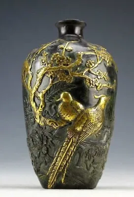 £28.09 • Buy Collectable Vintage Bronze Statues Gold-plating Flower Bird Vase Signed Pot 20cm