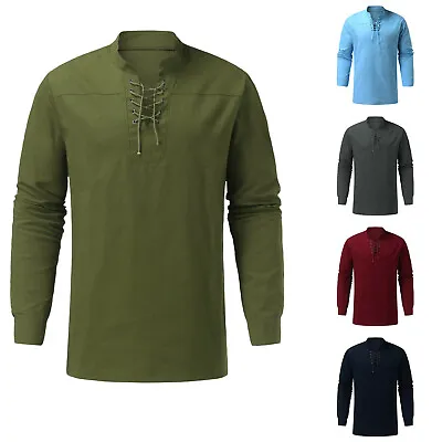£24.83 • Buy Men's Casual Solid Lace Up Shirts Stand Collar Blouse Long Sleeve Pollover Tops