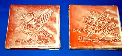 Two Medieval Heraldic Detail Wall Tiles One Dragon One Swan Glazed 3.75  Squ • £22