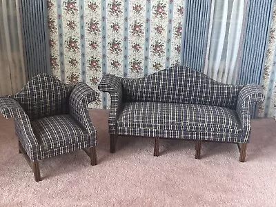 Dollhouse 2pc Vintage Concord Blue Checkered Living Room W/ Walnut Finish • $28