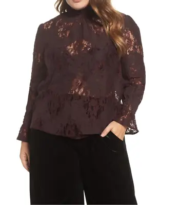  ELVI BURGUNDY LONG SLEEVE HIGH NECK RUFFLE LACE BLOUSE TOP PLUS Sz US14 / UK18 • $9.99