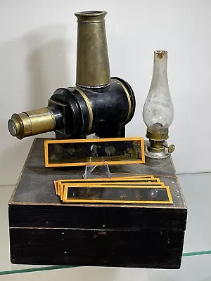 1800's Kerosene Lighted Magic Lantern / Projector W/ 5 Glass Slides Antique • $200