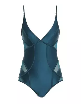 Zimmermann Devi Panelled Mesh One Piece | Teal/Blue/Green Low Back V-Neck • $189.99