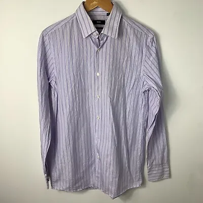 Hugo Boss Shirt Mens 15 Purple Striped Sharp Fit Casual Dress Top Cotton Button • $10.58