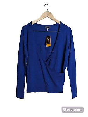 NWT Ibex Blue Merino Wool Faux Wrap Arabesque Sweater Size Small • $58